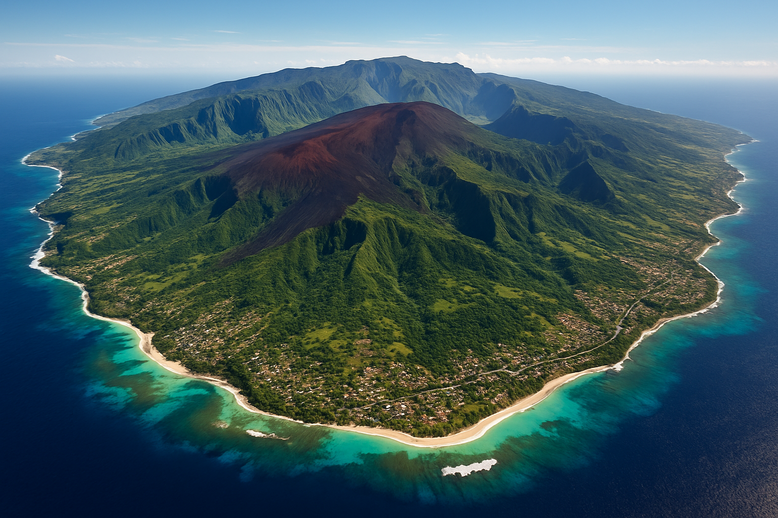 Génère moi une image moderne de l'île de la réunion en vue aérienne