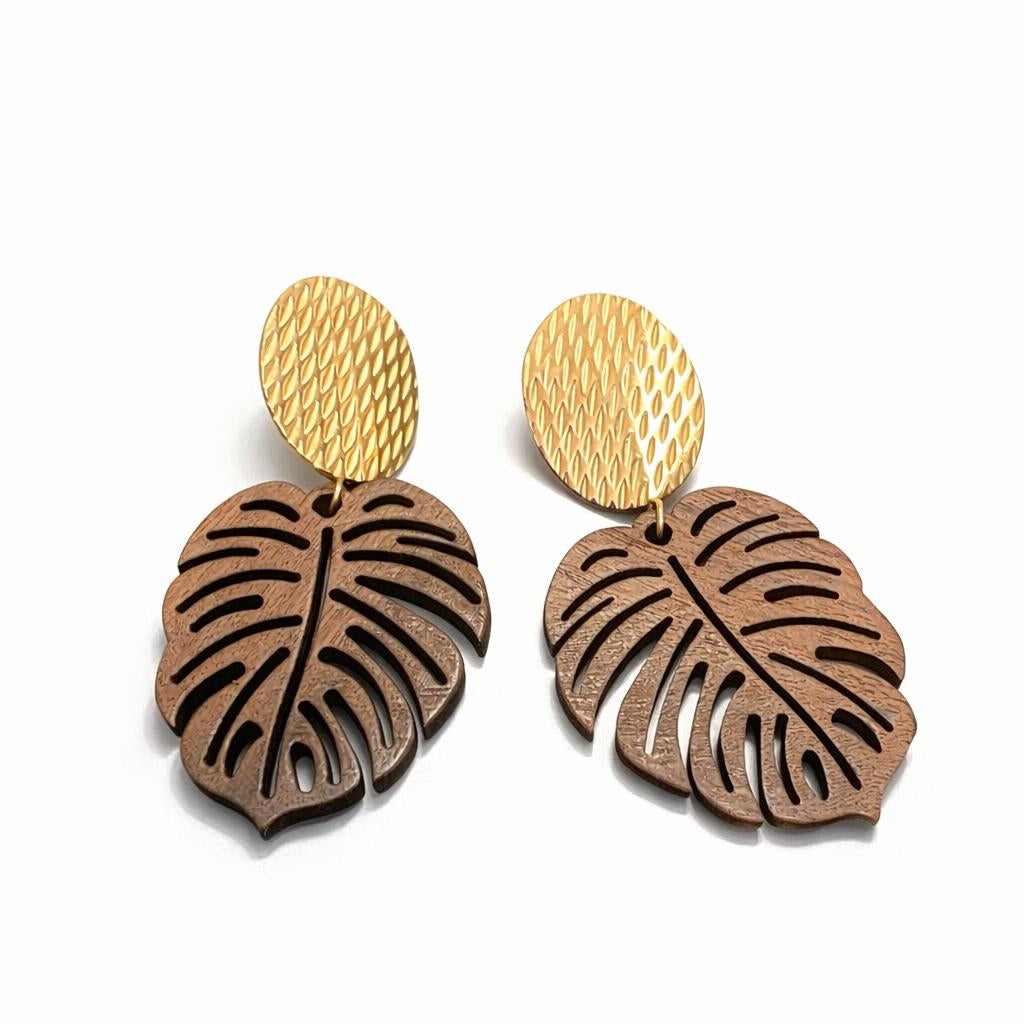 Boucle d'oreille - monstera bois